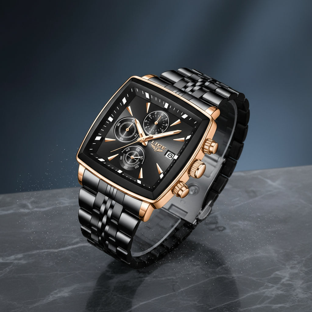 montre en acier noir et or