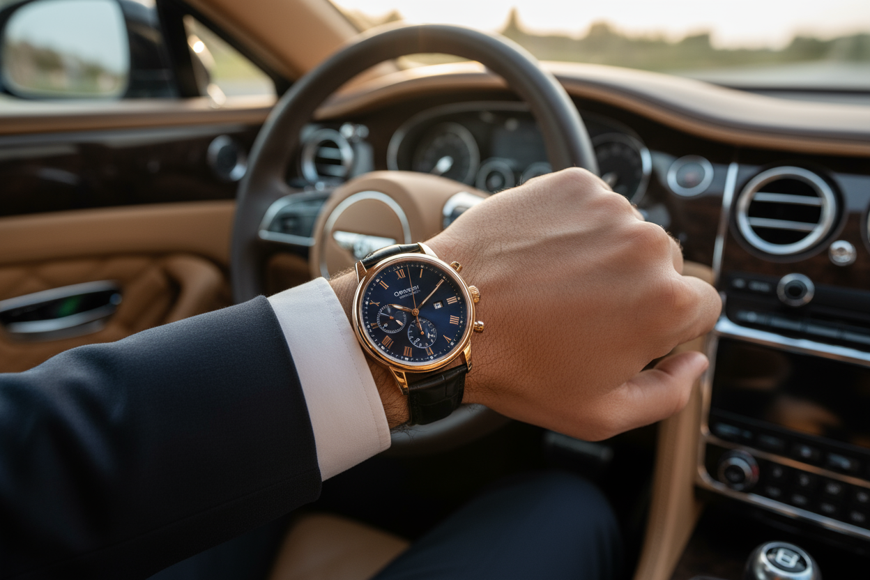 Homme aisés qui porte une montre Orenth conduisant une voiture de luxe
