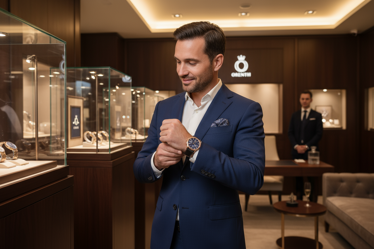 Homme ambitieux qui célébre sa réussite en s'achetant une montre Orenth