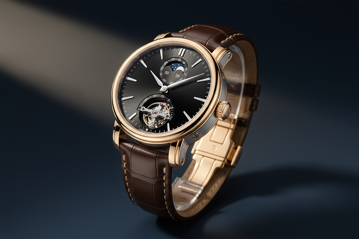 Montre de luxe élégante , palette de couleur noir charbon, or champagne , gris acier et blanc pur sur fond bleu minuit ou beige clair